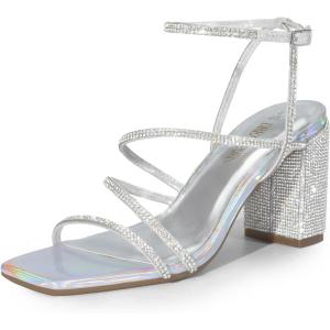 imageDREAM PAIRS Womens Heels Chunky Block Strappy Square Open Toe Ankle Buckle Heeled Sandals Wedding Party Dress Shoes IndieSilverrhinestone