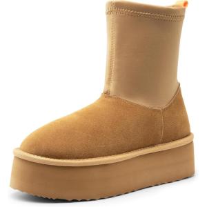 imageDREAM PAIRS Womens Mid Calf Winter Platform Boots Genuine Suede Upper Elastic Shaft FuzzyChic SockTop Platform Snow Boots with Faux Warm Fur Lined AntiSlip BootiesSize 8ChestnutSDSB2409W