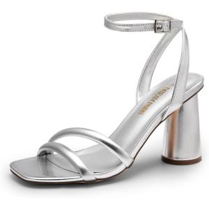 imageDREAM PAIRS Womens Strappy Round Heels Open Square Toe Ankle Strap Party Sandals Dress ShoesSilverpu