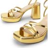 imageDREAM PAIRS Strappy Heels for Women Platform Chunky High 3inch Heeled Sandals with Square Open Toe Ankle Buckle for Graduation Party Prom Daily WeddingGoldpu