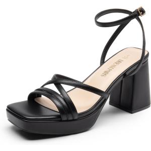 imageDREAM PAIRS Strappy Heels for Women Platform Chunky High 3inch Heeled Sandals with Square Open Toe Ankle Buckle for Graduation Party Prom Daily WeddingBlackpu