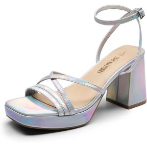 imageDREAM PAIRS Strappy Heels for Women Platform Chunky High 3inch Heeled Sandals with Square Open Toe Ankle Buckle for Graduation Party Prom Daily WeddingSilverpu