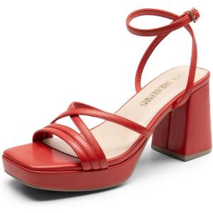 imageDREAM PAIRS Strappy Heels for Women Platform Chunky High 3inch Heeled Sandals with Square Open Toe Ankle Buckle for Graduation Party Prom Daily WeddingRedpu