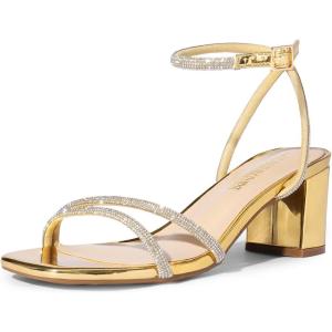 imageDREAM PAIRS Womens Chunky Strappy Heels Square Open Toe Ankle Buckle Low Heels Sandals for Daily Wedding Party DressGoldrhinestone