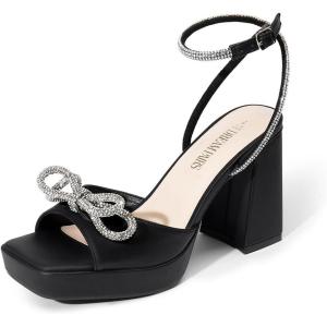 imageDREAM PAIRS Womens Double Bowknots Platform Chunky Heels Rhinestone High Square Toe Dress Sandals for Wedding Bridal PartyBlackpu