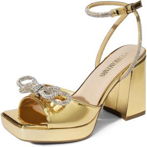 imageDREAM PAIRS Womens Double Bowknots Platform Chunky Heels Rhinestone High Square Toe Dress Sandals for Wedding Bridal PartyGoldpat