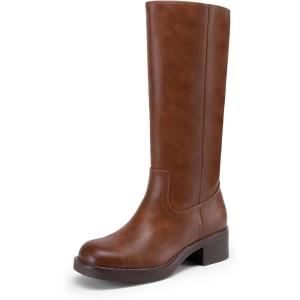 imageDREAM PAIRS Womens Knee High Boots Square Toe Platform Chunky Block Heel Banana Campus Boots for Women Comfortable Low Heel Side Zipper Womens Riding Tall BootsLight Brown