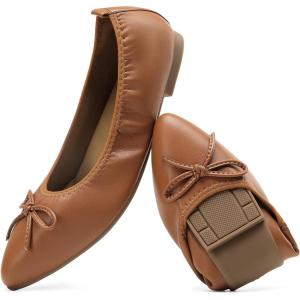 imageDREAM PAIRS Womens Foldable Flats Shoes Pointed Toe Ballet Flats Bowknot Comfort Slip on Dress ShoesBrown