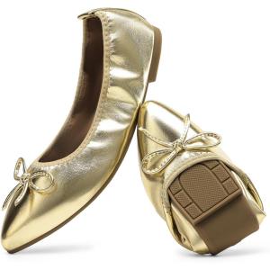 imageDREAM PAIRS Womens Foldable Flats Shoes Pointed Toe Ballet Flats Bowknot Comfort Slip on Dress ShoesGold