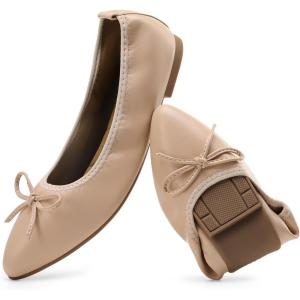 imageDREAM PAIRS Womens Foldable Flats Shoes Pointed Toe Ballet Flats Bowknot Comfort Slip on Dress ShoesNude