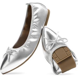imageDREAM PAIRS Womens Foldable Flats Shoes Pointed Toe Ballet Flats Bowknot Comfort Slip on Dress ShoesSilver