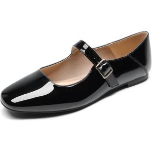 imageDREAM PAIRS Womens Silver Square Toe Mary Jane Flats Comfortable Casual Slip On Dress Shoes with Buckle Strap for Womens Daily WearBlackpat