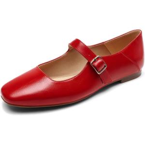 imageDREAM PAIRS Womens Silver Square Toe Mary Jane Flats Comfortable Casual Slip On Dress Shoes with Buckle Strap for Womens Daily WearRed