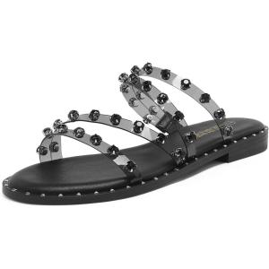 imageDREAM PAIRS Womens Clear Studded Rhinestone Slide Sandals Slip on Open Toe Cute Flat Sandals for SummerBlackClearRhinestone