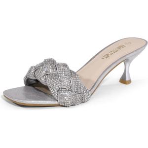imageDREAM PAIRS Womens Stilettos Heels Open Square Toe Comfort Low Kitten Heels Sexy Dress Pumps Sandals Evening Party Prom Dance ShoesSilverRhinestone