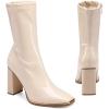 imageDREAM PAIRS Womens Square Toe Gogo Boots Elastic Ankle Boots High Chunky Block Heel Mid Calf BootsBeige WhitePu
