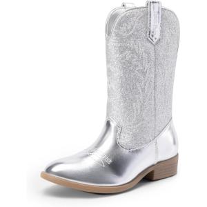 imageDREAM PAIRS Cowgirl Cowboy Western Boots Girls Mid Calf Riding Shoes Little KidBig KidSilver