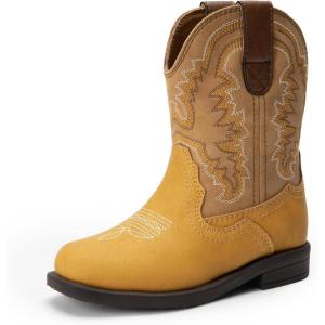 imageDREAM PAIRS Toddler Little Boys Girls Cowboy Boots Kids Western Square Toe Riding Mid Calf BootsLight BrownWheat