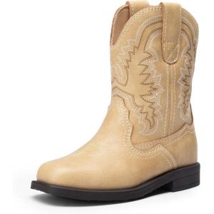 imageDREAM PAIRS Toddler Little Boys Girls Cowboy Boots Kids Western Square Toe Riding Mid Calf BootsSand
