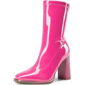 imageDREAM PAIRS Womens Square Toe Gogo Boots Elastic Ankle Boots High Chunky Block Heel Mid Calf BootsHot Pinkpat