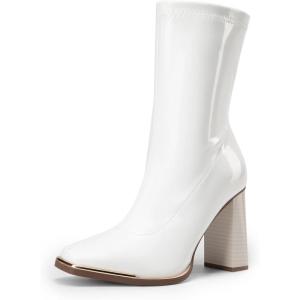 imageDREAM PAIRS Womens Square Toe Gogo Boots Elastic Ankle Boots High Chunky Block Heel Mid Calf BootsWhitepat