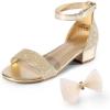 imageDREAM PAIRS Girls Sandals Low Heel Dress Pump Ankle Strap Interchangeable Bow Flower Wedding Party Shoes for Little KidBig KidGoldglitter