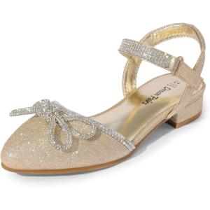 imageDREAM PAIRS Girls Sandals Closed Toe Dress Low Heels Pointed Toe Pump Flower Shoes for Little Big Kids Wedding Princess PartyGold