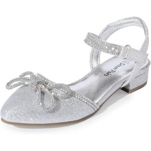 imageDREAM PAIRS Girls Sandals Closed Toe Dress Low Heels Pointed Toe Pump Flower Shoes for Little Big Kids Wedding Princess PartySilver