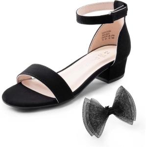 imageDREAM PAIRS Girls Sandals Low Heel Dress Pump Ankle Strap Interchangeable Bow Flower Wedding Party Shoes for Little KidBig KidBlacksuede