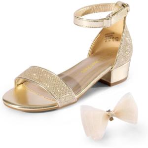 imageDREAM PAIRS Girls Sandals Low Heel Dress Pump Ankle Strap Interchangeable Bow Flower Wedding Party Shoes for Little KidBig KidGoldglitter
