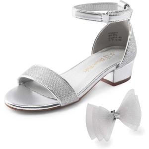 imageDREAM PAIRS Girls Sandals Low Heel Dress Pump Ankle Strap Interchangeable Bow Flower Wedding Party Shoes for Little KidBig KidSilverglitter