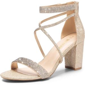 imageDREAM PAIRS Womens Chunk Low Heel Pump SandalsAll Goldglitter