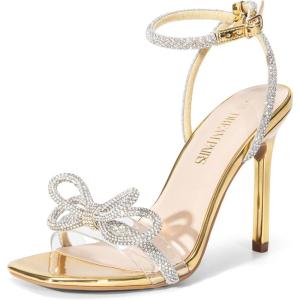 imageDREAM PAIRS Womens Double Bowknots Crystal Sandals Clear Slingback Heels Square Toe Shoes for Party WeddingGoldpat