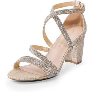 imageDREAM PAIRS Womens Ankle Strap Dress Pump Low Chunky Heel SandalsGoldrhinestone