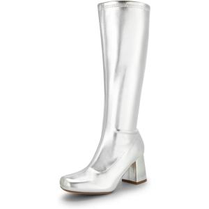 imageDREAM PAIRS Womens Gogo Boots Square Toe Chunky Knee High Boots For WomenMetallic Silver