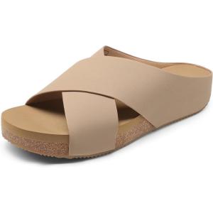 imageDREAM PAIRS Womens Cork Slide Sandals Slip on Open Toe Cute Platform Criss Cross Flat Sandals for SummerTaupenubuck