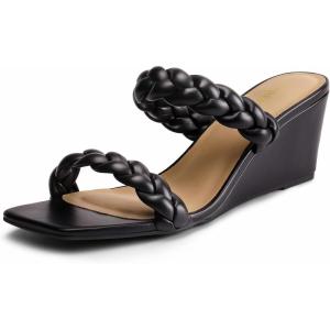 imageDREAM PAIRS Women Slides Wedge Sandals Square Open Toe Dress Casual Strappy ShoesBlack1