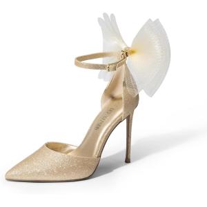 imageDREAM PAIRS Womens High Heels Strappy Closed Toe Stiletto Pointed Toe Mesh Bows Ankle Strap DOrsay Sexy Dress Wedding Party Pumps ShoesGoldglitter
