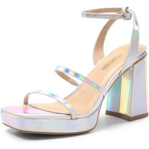 imageDREAM PAIRS Womens Platform Strappy Heels Open Toe Ankle Strap Square Party Sandals Y2K Dress ShoesShineSilver