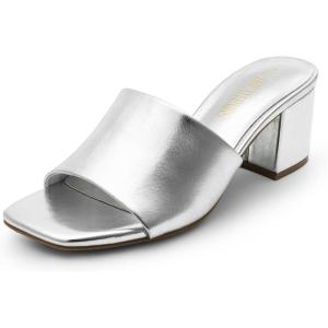 imageDREAM PAIRS Womens Square Open Toe Heels Sandals Low Block Chunky Heeled Sandals Slide Sandals Slip on Comfortable Casual Pumps ShoesSilverpu