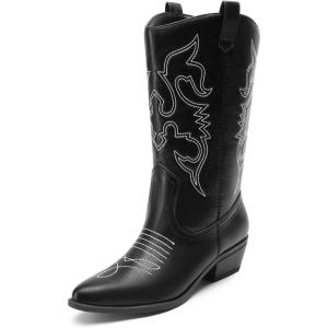 imageDREAM PAIRS Womens Cowboy Boots Pull On Cowgirl Boots Mid Calf Western Boots Available in Regular and Wide CalfBlackpu