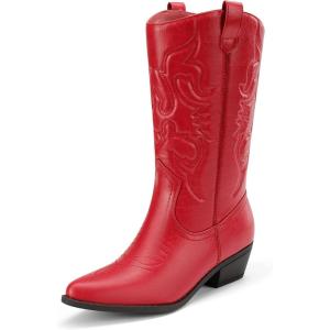 imageDREAM PAIRS Womens Cowboy Boots Pull On Cowgirl Boots Mid Calf Western Boots Available in Regular and Wide CalfRed