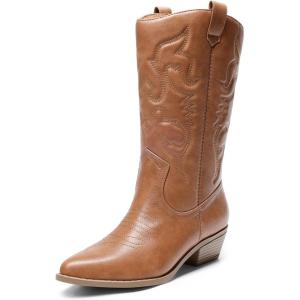 imageDREAM PAIRS Womens Cowboy Boots Pull On Cowgirl Boots Mid Calf Western Boots Available in Regular and Wide CalfTan