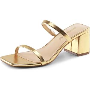 imageDREAM PAIRS Sandal Heels for Women Low Square Open Toe Block Chunky Heels Slip On Slides Mules for Party Homecoming DailyGold