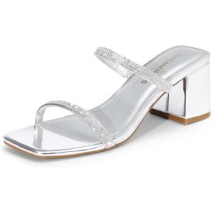 imageDREAM PAIRS Sandal Heels for Women Low Square Open Toe Block Chunky Heels Slip On Slides Mules for Party Homecoming DailyShiny Silver