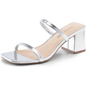 imageDREAM PAIRS Sandal Heels for Women Low Square Open Toe Block Chunky Heels Slip On Slides Mules for Party Homecoming DailySilver