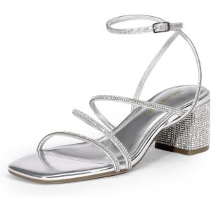 imageDREAM PAIRS Womens Block Heels 2 inch Strappy Square Toe Dressy Chunky Low Heeled Sandals for Party Wedding EveningSilverrhinestone