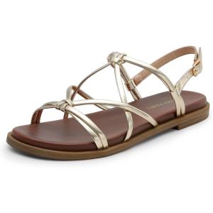 imageDREAM PAIRS Womens Sandals Cross Strappy Gladiator Dress Flat Sandals Daily Casual Comfortable Summer ShoesGoldpu