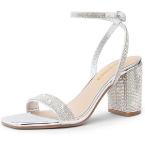 imageDREAM PAIRS Womens Chunky Heels Square Open Toe Ankle Buckle Strappy Block Heeled Sandals for Party Wedding DailySilverrhinestone
