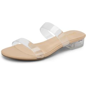 imageDREAM PAIRS Womens Slides Heels Slip On Low Block Sandals Two Strap Open Round Toe Chunky Casual Summer Mules ShoesClear